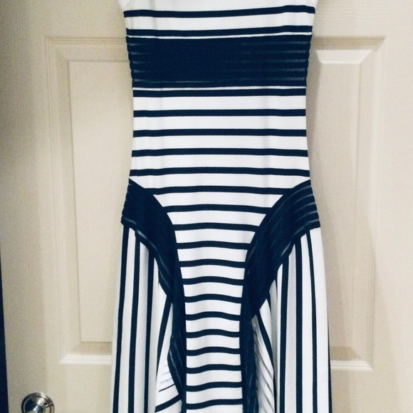 JEAN PAUL GAULTIER NAVY/WHITE STRIPE HANDKERCHIEF HEM DRESS SEMI SHEER SIZE XS - Picture 3 of 7